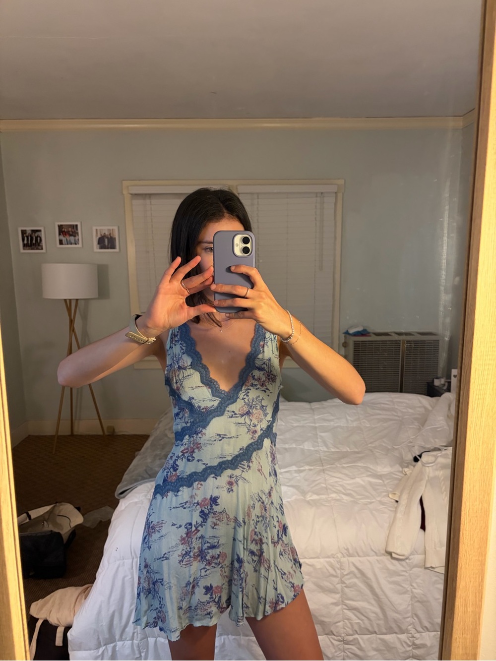 Free People Light Blue Floral Lace-Trim Mini Dress